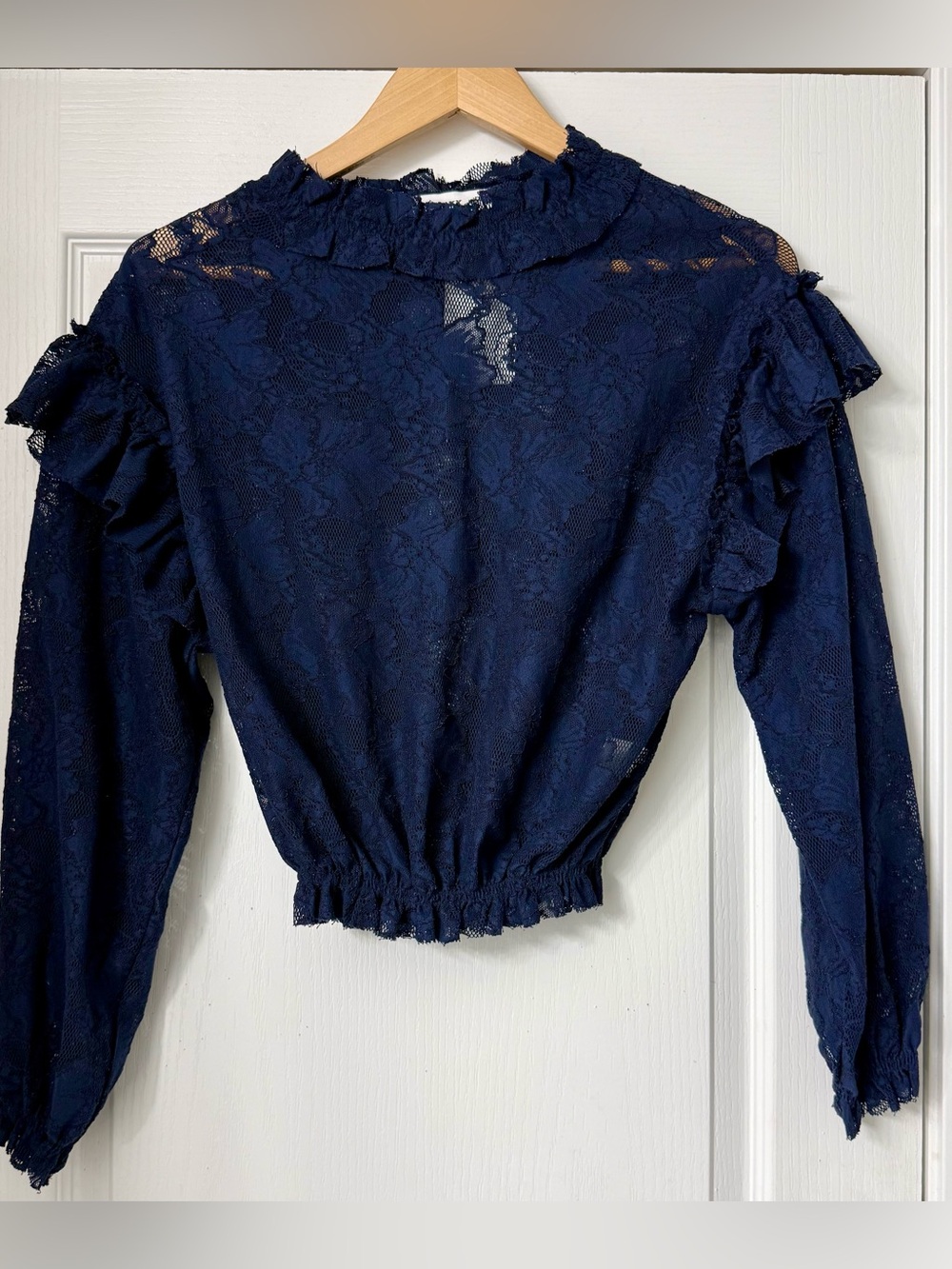 Bisouxx Clothing Navy Lace Ruffle Neck Long-Sleeve Blouse